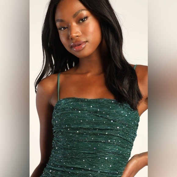 LULU’S Flirty Vibes Teal Sparkly Ruched Bodycon Mini Dress - Picture 4 of 4